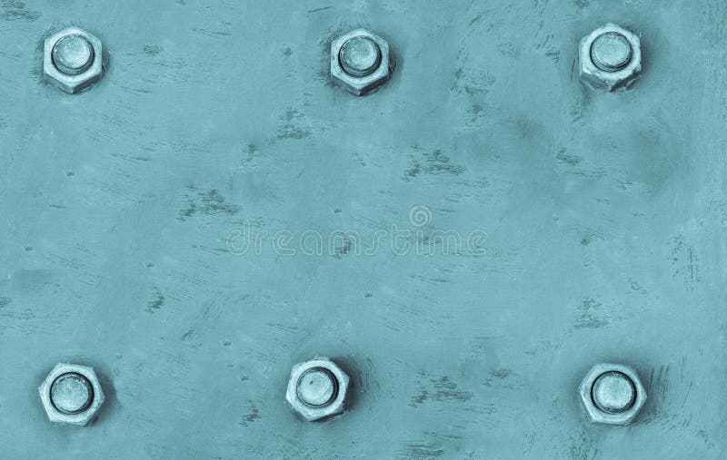 Blue metal plate painted with light blue cyan colours and fixed with six large steel bolt screws texture background stock photo